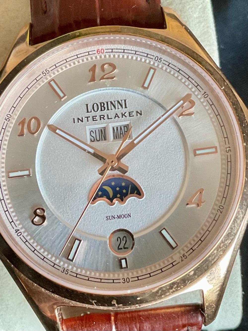 Rose Gold Lobinni Automatic MoonPhase Triple Date Watch Worn Once Original Box